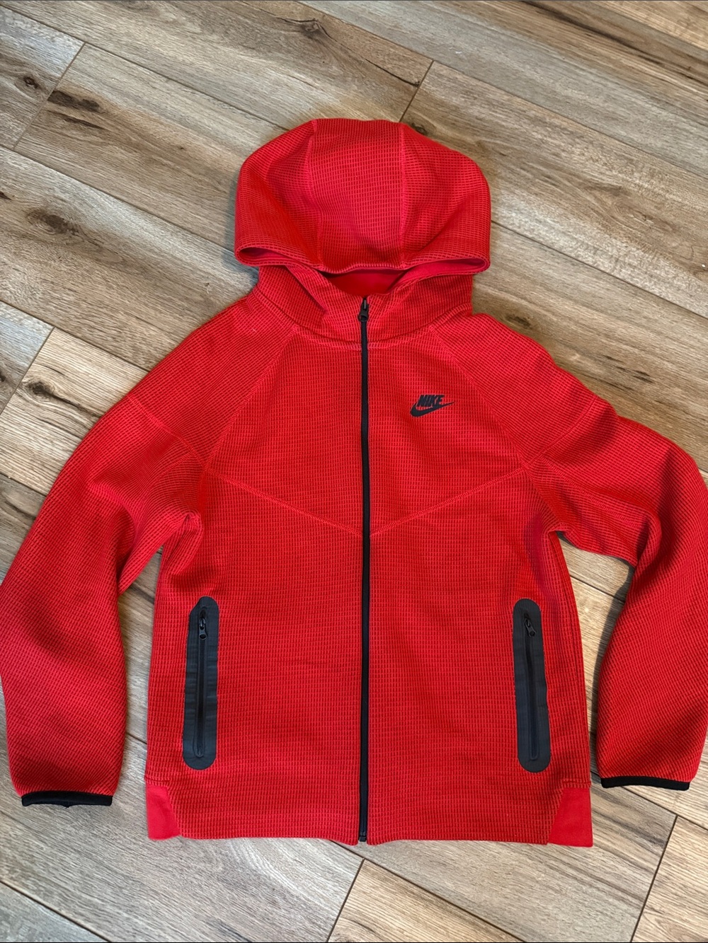 Nike Tech Kids Red Hooded Full-Zip Jacket with Black Trim